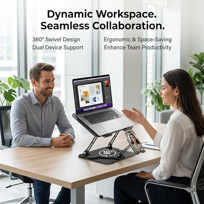 Laptop Stand for Desk,Adjustable Computer Stand with 360° Rotating Base,2-in-1 Laptop Stands with Phone Holder,Ergonomic Laptop Riser for Collaborative Work,fits for All 10-16" Laptops