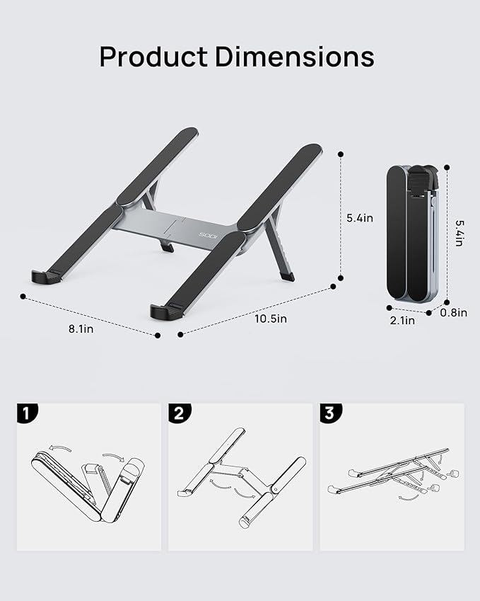 SODI Ultra Compact Foldable Laptop Stand - Portable Laptop Holder for Desk & Travel Use, Adjustable, Ergonomic Aluminum Computer Holder for MacBook, Tablet 10-16" (Plus-Gray, Bi-Fold)