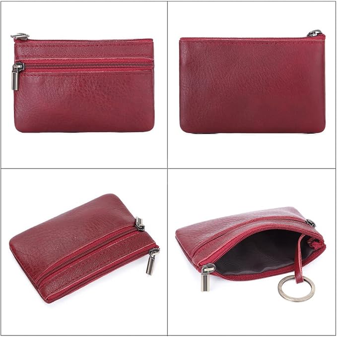 Genuine Leather Coin Purse, Small Coin Pouch for Men Women, Cash Change Wallet Key Holder Money Pouch with Key Ring, Zipper Storage Bag Coin Organizer