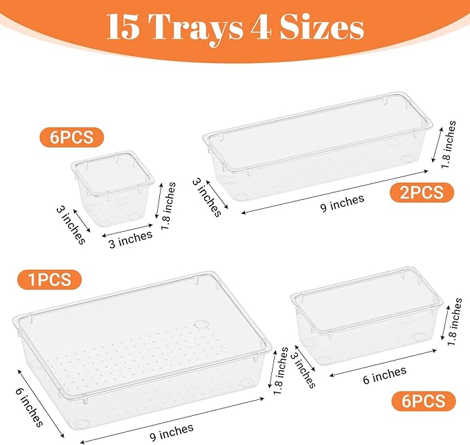 SpaceHacks 15 PCS Clear Plastic Drawer Organizer Set, 4-Size Acrylic Drawer Storage Trays, Storage Bins for Makeup, Gadgets, and Jewelry in Bathroom, Bedroom and Office, Clear