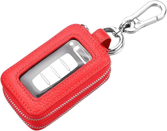 BELOMI Car Key Fob Case, Genuine Leather Remote Keychain Bag with Lanyard and Zipper Closure, Key Protection Cover for Men Women (Red)