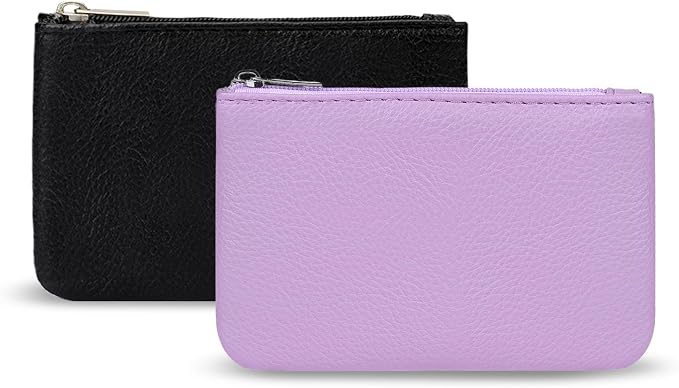 KALIONE 2 Pack Coin Purse, Portable PU Leather Coin Purse with Zipper Coin Purse Mini Change Purse Small Coin Purse for Women Credit Card Folded Bills ID Key Headset Lipstick(Black&Purple)