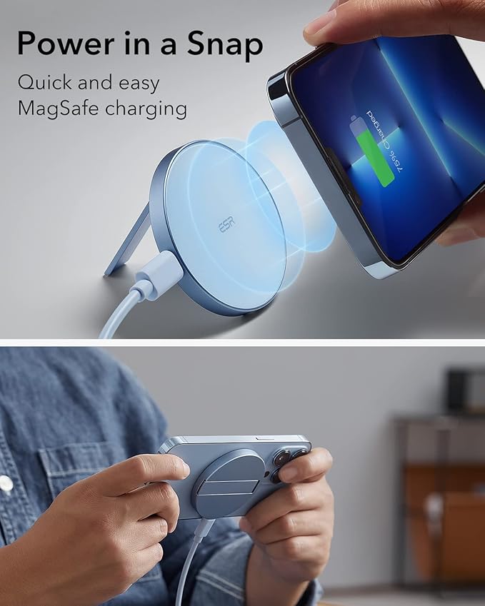 ESR for Magsafe Charger, Wireless Charger Kickstand, Charging Pad for iPhone 16/15/14/13/12 Series and AirPods 4/3/Pro/Pro 2, Galaxy S25 Strong Magnetic Charger Pad with 5 ft Removable Cable, Blue