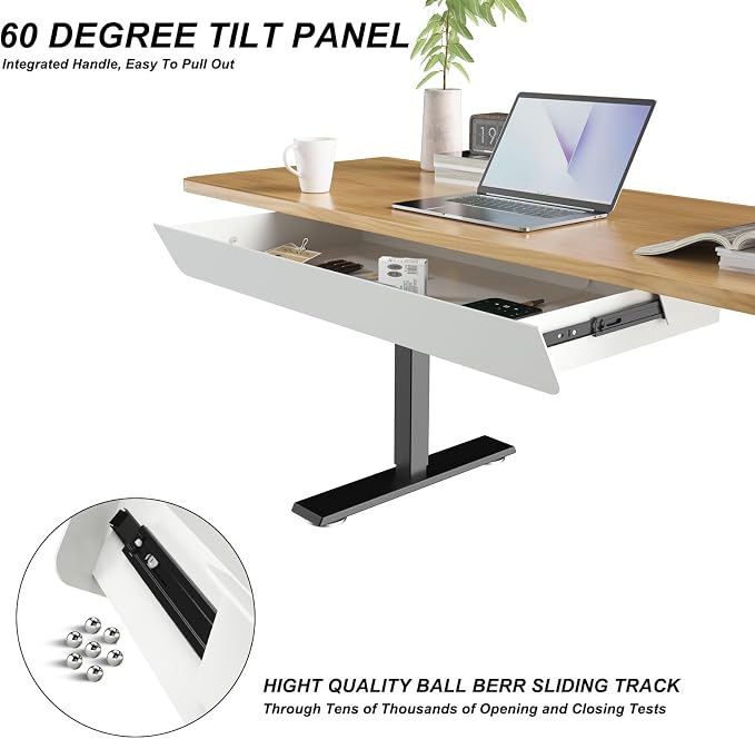 White Large Under Desk Mounted Sliding Drawer with 2 Cable Hole and 60 Degree Tilt Panel to Pull Out, 22.4'' Long & 9.2'' deep Large Storage Organizer for Sit Stand Workstation