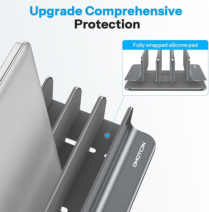 OMOTON Vertical Laptop Stand [Updated 3-Solts Version], Desktop Aluminum Mac Book Stand with Adjustable Dock Size, Fits All Mac Book, Surface, Chrome Book and Gaming Laptops (Up to 17.3 inch), Grey