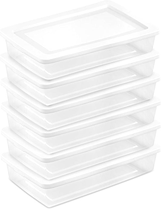 Sterilite 6 Pack Storage Box, 41 Quart Stackable Tote, Clear Plastic Container with Secure Snapping Lids for Home and Office Organization, White