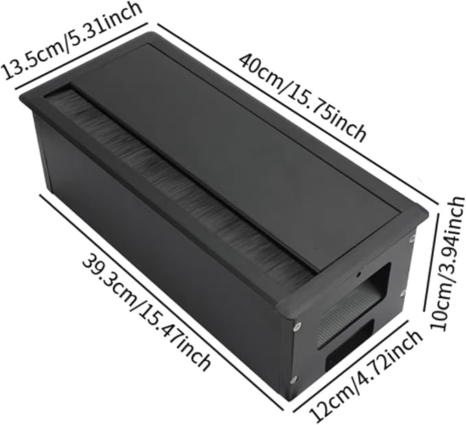 Desk Threading Box Aluminum Alloy Rectangular Wire Organizer with Cable Hole Cover Cord Grommet Storage Box Space Saving Cushioning Structure, Black