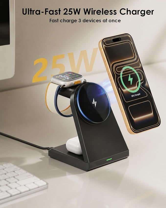 3 in 1 Wireless Charger iPhone Charging Station, 25W Magnetic Charger for iPhone 17 16e 15 14 13 12 Pro Max, Wireless Charging Station Fast Desk Mag Safe Stand for iWatch 11 10 9 8 7 6 5 AirPods Pro 3