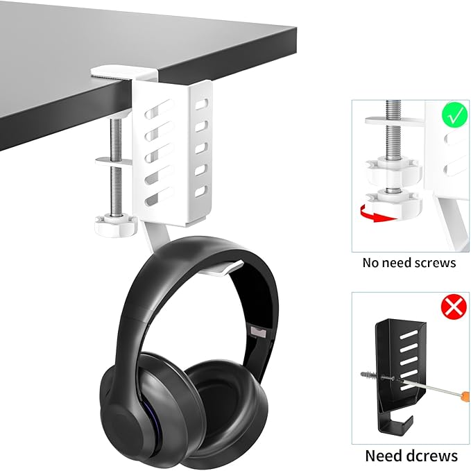 Adjustable Desk Side Laptop Holder with Headphone Stand - No Drill Clamp Organizer for Laptops, Tablets, Keyboards (White) - Sturdy Steel & Silicone Pad Protection