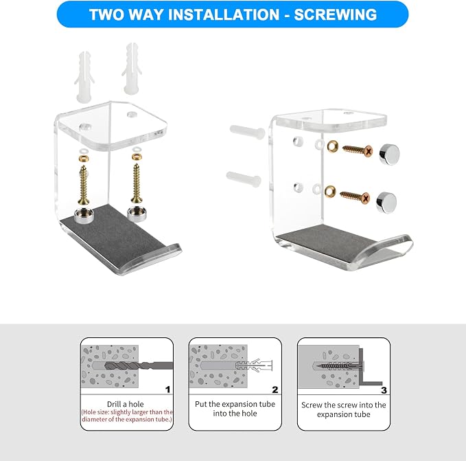 Cosmos 2 Pcs Headphone Hanger Mount Under-Desk Headset Hanger Hook Earphone Holder Wall Mount Hooks with Adhesive Tape & Screw Set Compatible with PC Gaming DJ Headset, Acrylic (Transparent Clear)