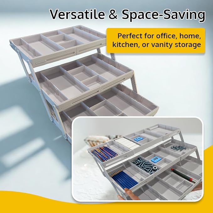 3 Tier Drawer Organizer, Multi Level Smart Drawer Organizer for Desk, Expandable Organizer for Office, Makeup, Jewelry, Kitchen, Folding Storage for Home and Office Drawers & Craft Organizer ??White