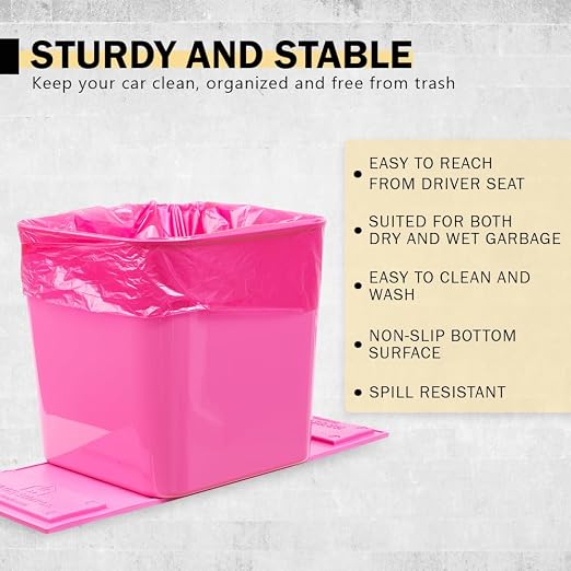 Car Trash Can – Leakproof 1.4 Gallon Compact Garbage Bin with Stability Flap & Anti-Slip Base | Portable Trash Holder for Cars, Trucks, SUVs, Minivans – Includes Trash Bags (Pink, Large)