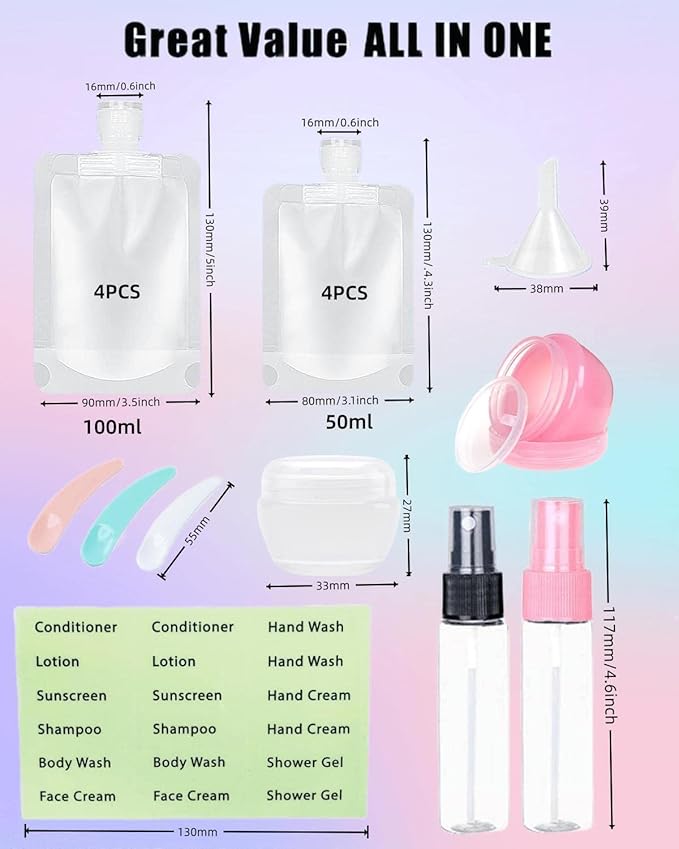 SEQUHITKU 17 Pack Travel Pouches for Toiletries,TSA Approved,Travel Size Portable Containers,Stand Up Pouch,Refillable Travel Accessories for Shampoo Conditioner Lotion Soap Liquids (C-17pcs)