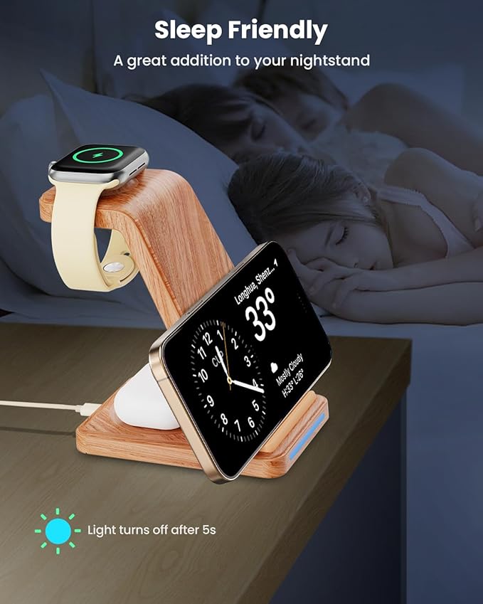 Wireless Charging Station, 3 in 1 Wireless Charger Stand for Multiple Apple Devices, Charging Dock for iPhone 16 15 14 13 12 11 Pro Max XS 8, Apple Watch 8 7 6 SE 5 4 3 2, 3/2/Pro, Wood