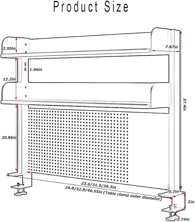 CHSSIH Clamp On Desk Pegboard Shelf - Metal Desktop Organizer Hutch with 2 Shelves for Storage and Display, Desk Add-On Shelf for Office, Dorm, or Computer Monitor Stand, Black, 23.6In