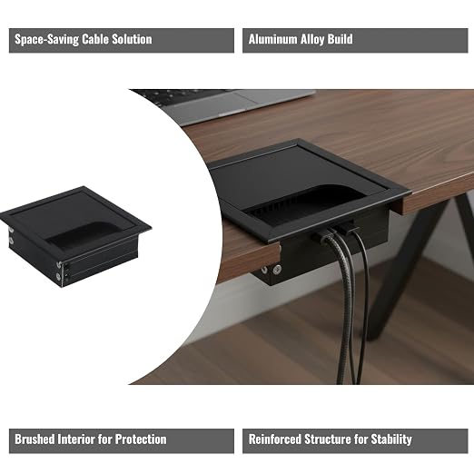 Desktop Cable Management Cover for Desk Organization - Aluminum Alloy Cable Box with Brush Seal (Black, 8.0x8.0x2.8 cm)