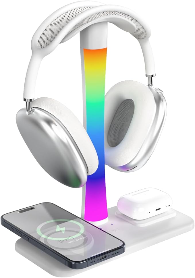 Headphone Stand with Wireless Charger,Gaming Headset Stand with RGB Light Mode,for iPhone17/16/15/14,Gifts for Gamers & Music Lover (White)