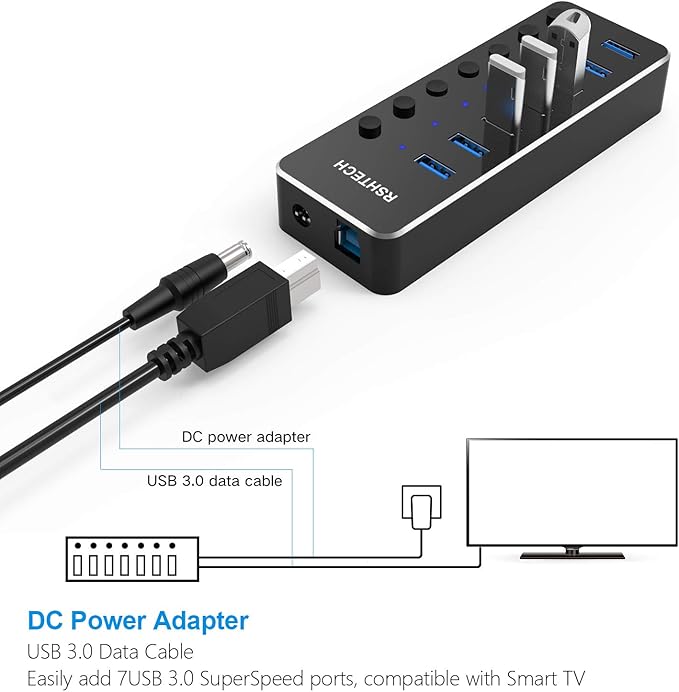 USB 3.0 Hub, RSHTECH 7 Port Powered USB Hub Expander Aluminum USB 3.0 Data Port hub with Universal 5V AC Adapter and Individual On/Off Switches USB Splitter for Laptop and PC(Black) (Pack of 2)