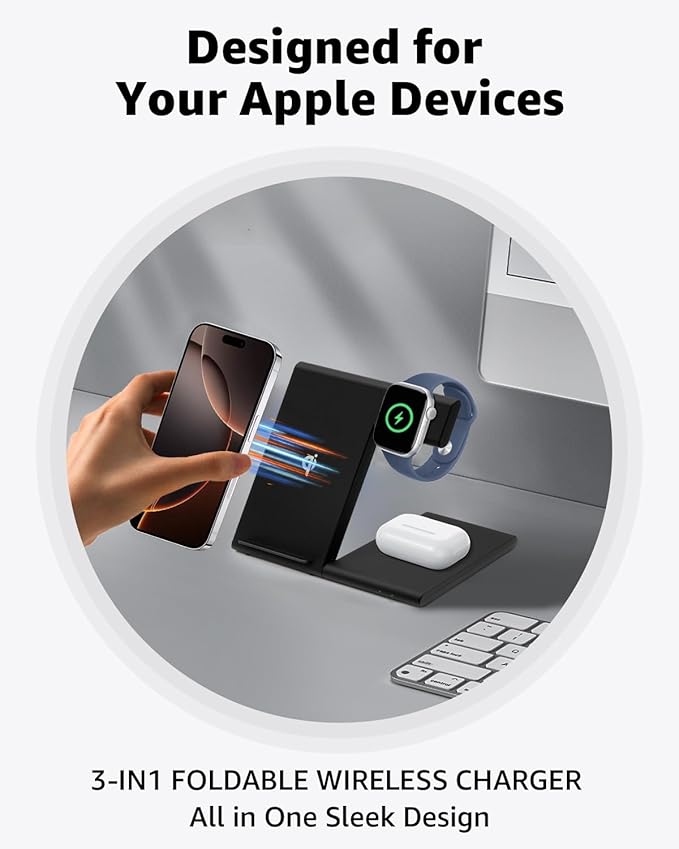 3 in 1 Foldable Wireless Charging Station for Apple Devices, 15W Fast Wireless Charger Stand for iPhone 17/16/15/14/13 /Plus/Pro/Pro Max/12/11, Apple Watch 10/9/8/7/Ultra2/Ultra/SE, AirPods 4/3/2/Pro