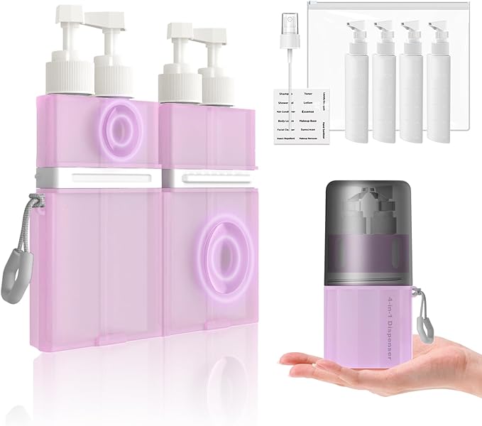 4 in 1 Travel Dispenser Bottle, TSA Approved Refillable Shampoo and Conditioner Bottles Set with Suction Cup for Smooth Walls, Travel Size Toiletries Container for Body Wash/Lotion.(Pink)