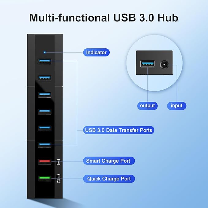 Powered USB 3.0 Hub, RAOYI 8 Ports High Speed USB 3.0 Hub Splitter with 36W Power Adapter, 3.3ft Cable and Smart Fast Charger USB Hub for for Laptop, PC, Mac, Mobile HDD, Mulitple Devices (Black)
