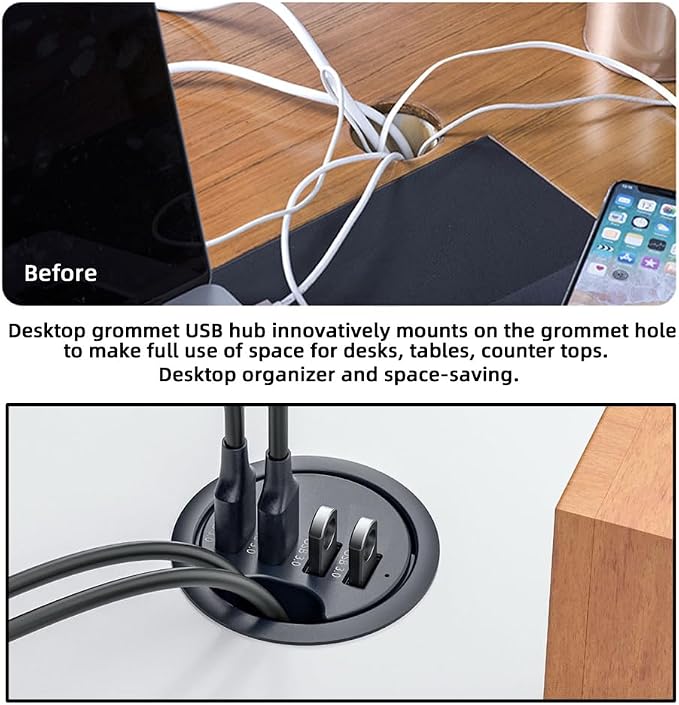 USB 3.0 Hub 4 Port USB 60mm Desk Grommet Splitter Dock Station Interface for Desktop PC Desk