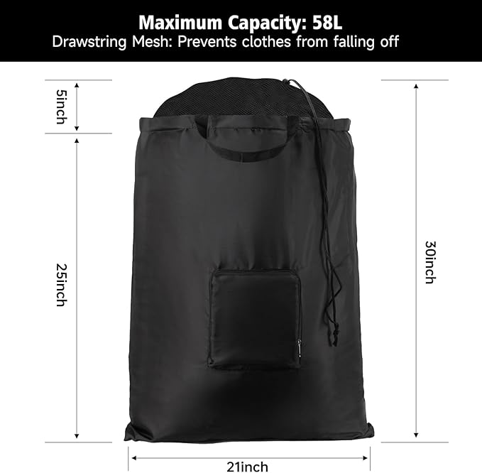 2 Packs Travel Laundry Bags, CLEADUS Foldable Dirty Clothes Bag 【Upgraded】 with Drawstring Mesh, Handles, and Carabiner, Portable, Suitable for Travel, Gym, Camping (Black)