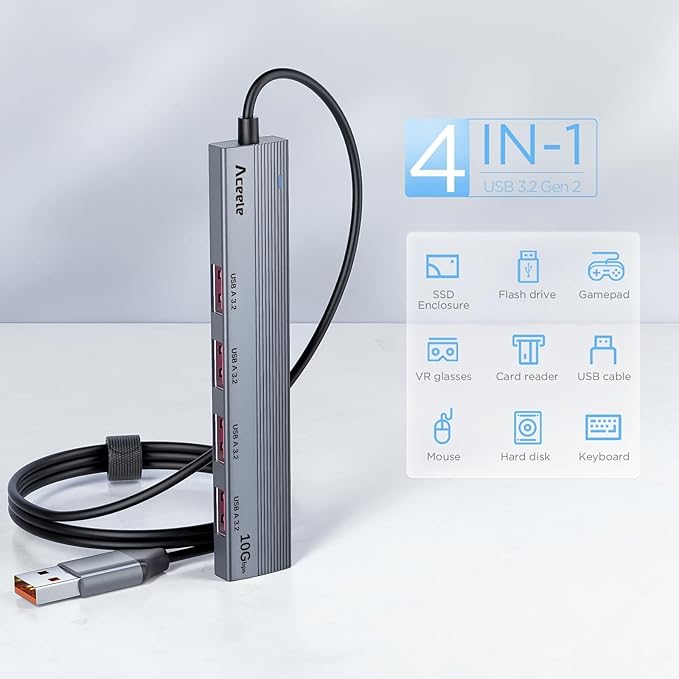 Aceele 10Gbps USB 3.2 Hub with 4 USB A 3.2 Ports, USB 3.2 Gen 2 Splitter with 4ft Extented Long Data Cable and Type-C Power Port, for Chromebook,Surface Pro 3,iMac,PS4 Flash Drive Data and More