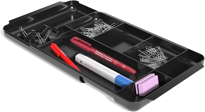 TRU RED Expandable Plastic Drawer Organizer, 7‑Compartment, Black – Adjustable Desk & Drawer Storage for Office Supplies