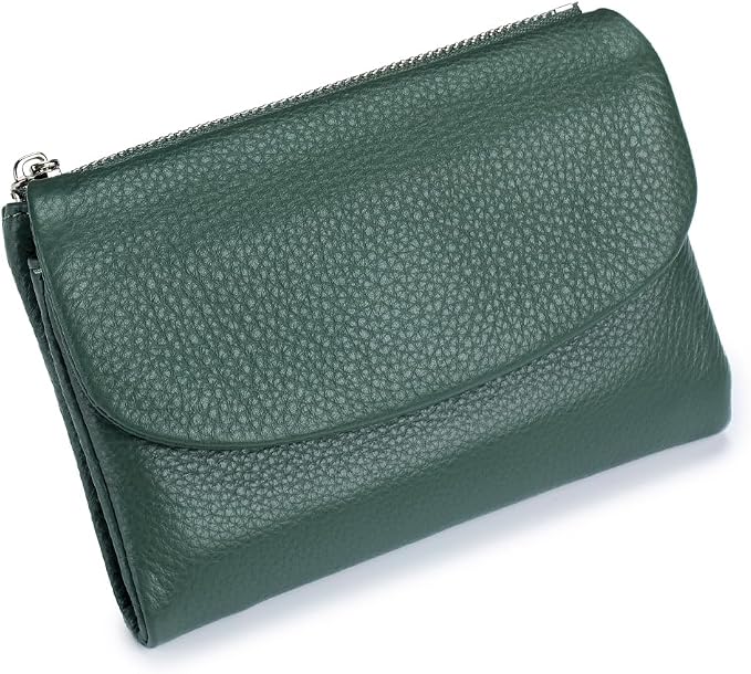 Premium Leather Wallet, Multi-Slot Card Holder with ID Window, Zipper Coin Purse, First Layer Leather (Green)