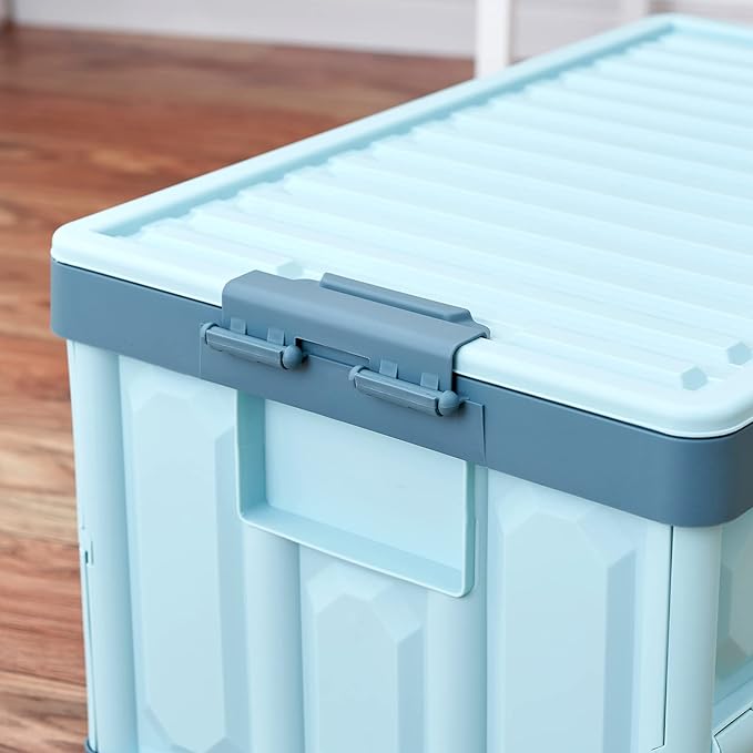 Blue Folding Plastic Stackable Utility Crates 2-Pack, Collapsible Storage Bins with Lids 30L, Durable Containers for Home & Garage Organization