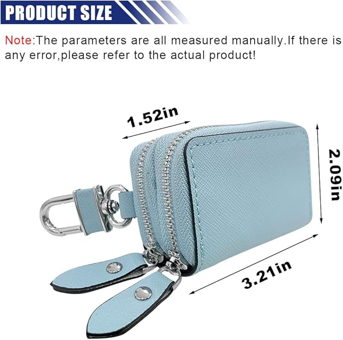 BDZMC Car Key Case, Genuine Leather Car Keychain Holder, 2 Sides Pocket Car Key Fob Zipper Bag, Car Key Case for Women Men(Light Blue)