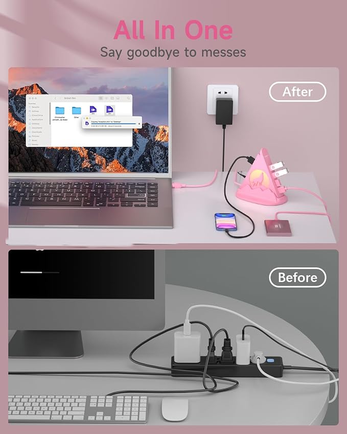 Powered USB Hub 3.0, 6-Port Hub(4 USB 3.0 Data Ports + 2 Smart Charging Ports) with 48W Adapter, RGB Light, Base, Compatible with PC, Laptop, Mac, External Hard Drives, Fast Charging for Phone(Pink)