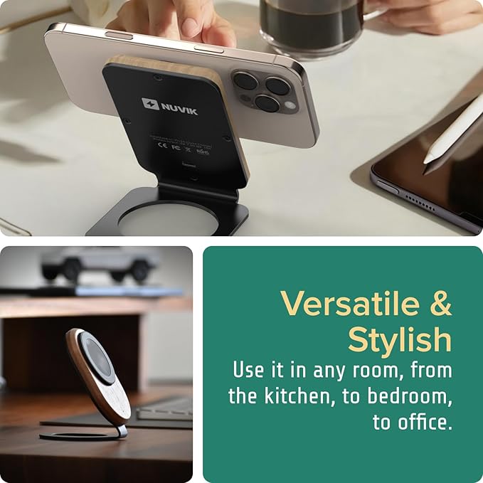 ARK Uno² - Solid Wood Phone Stand Magnetic Wireless Charging Station w/Adapter & USB to USBC 15W Wireless Charger. Home, Office, Kitchen,Best Mens Gifts!
