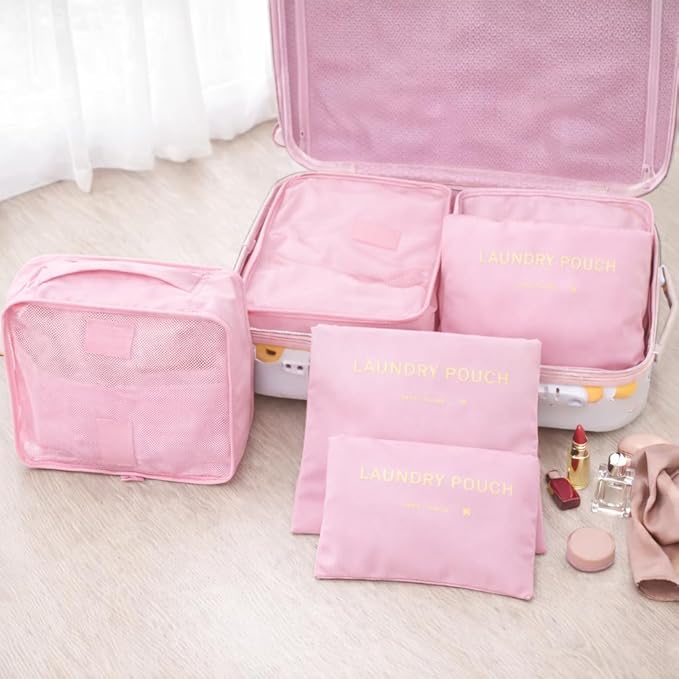 6 Set Travel Packing Cubes for Luggage – Laundry Pouch Organizer Bags, Lightweight Storage Pouches for Clothes, Shoes, and Toiletries (pink)