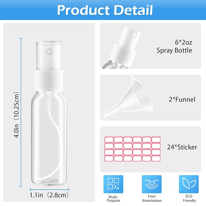 Zoizocp Spray Bottles, 1oz/30ml Clear Empty Fine Mist Plastic Mini Travel Bottle Set, Small Refillable Liquid Containers with 2pcs Funnels and 24pcs Labels (6 Pack)