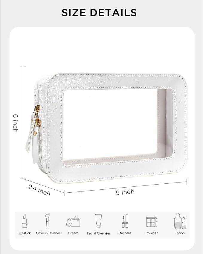LETGO Clear Makeup Bags, TSA Approved Toiletry Bag with Zipper, Portable Make Up Organizer Traveling Compact Car Bag for Essentials(Clear-White)