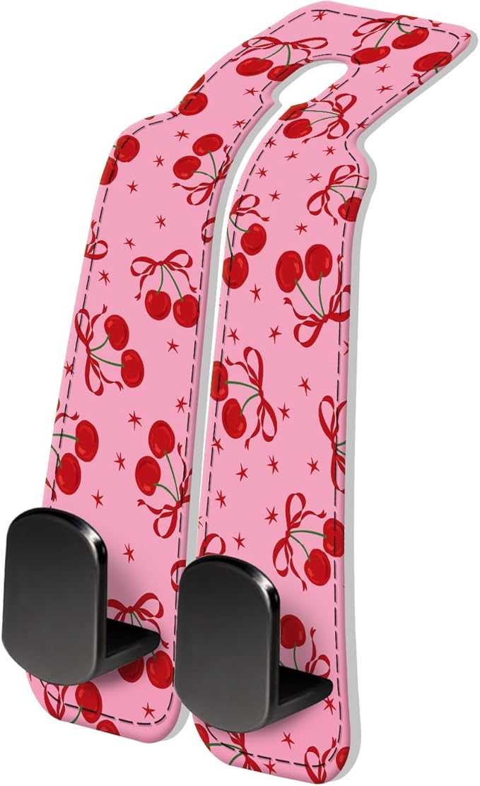 PU Leather Car Seat Hook, Storage Headrest Hanger, Cute Car Backseat Organizer, Car Hooks For Purses and Bags Pink Cherry Print