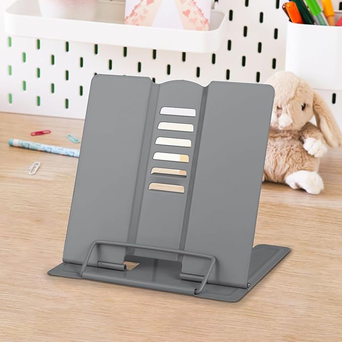Honagu Small Book Stand Book Holder Metal Desk Stand for Reading Hands Free, Adjustable Cookbook Documents Holder, Portable for Music Books, Textbook, Recipe, Tablet, Ipad, Great Gifts (Grey)