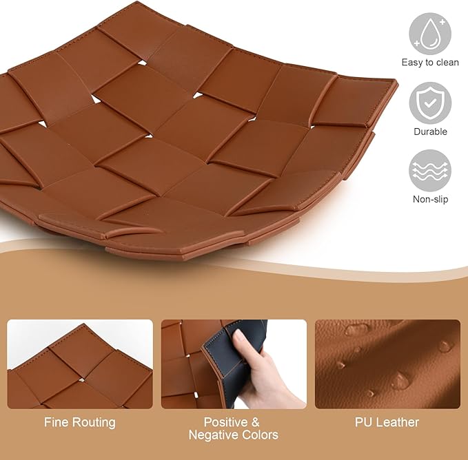 Valet Tray PU Leather Key Holder Bowl for Men Entryway Table Nightstand Desk Tray for Wallet, Keys Men's Gift - Brown & Black, 9.8" L x 9.8" W x 2" H