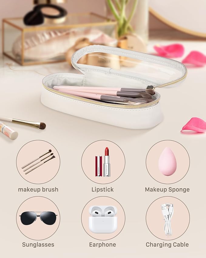 Soimeat Clear Travel Makeup Brush Holder, Leather Makeup Brush Toiletry Bag, Portable Cosmetic Brush Case, Transparent Waterproof Makeup Brush Storage Bag, White