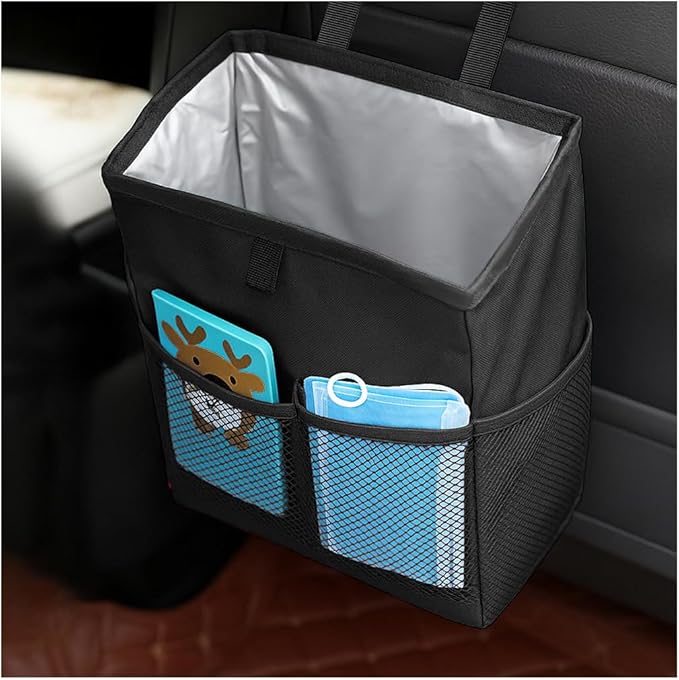 Car Trash Bag, Leak-Proof Large Capacity 3.4 Gallons Hanging Vehicle Trash Bin with Storage Pocket, Multipurpose Portable Auto Garbage Bag for Travel, Universal Fit (Black)