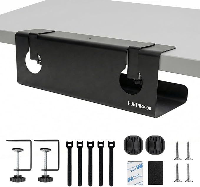 No Drill Under Desk Cable Management Tray with Clamp, Home/Office Desk Cord Organizer and Accessories Storage Shelf, 17'' Metal Cable Organizer for Standing/Gaming Desk, Office Supplies, Black 1 Set