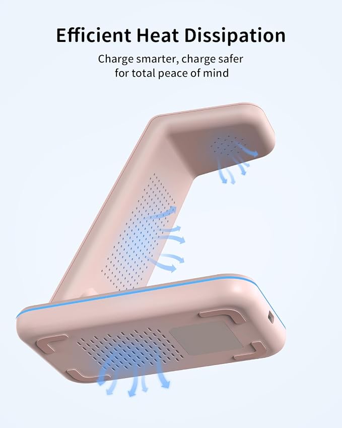 GEEKERA Wireless Charger, 3 in 1 Wireless Charging Station for iPhone Air/17/16/15/14/13/12/11/Pro Max/X/8, Phone and Watch Charger Stand for Apple Watch Ultra 3-2/11-2/SE, AirPods Pro/4/3/2, Pink