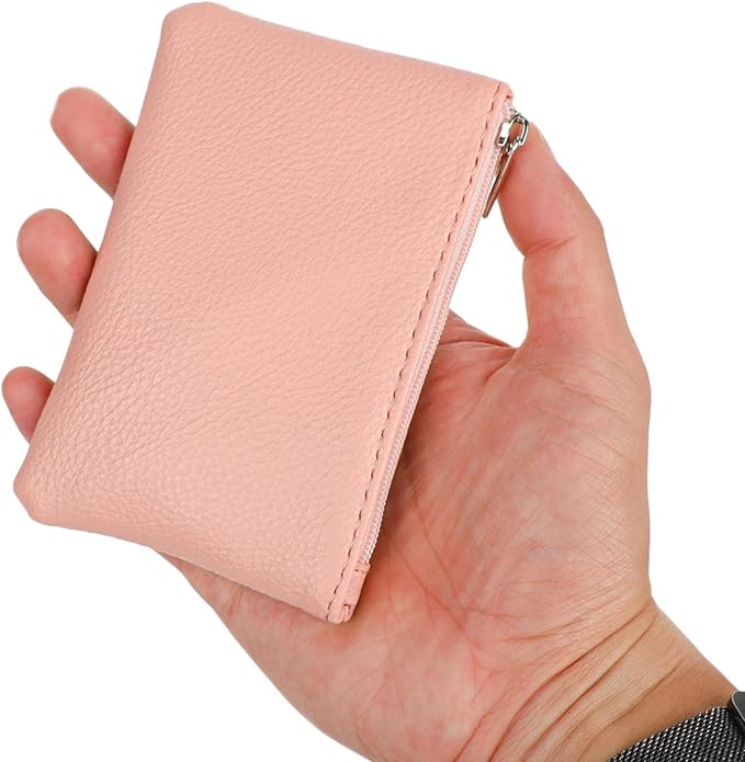2 Pack Portable PU Leather Mini Coin Purse with Zipper for Women - Credit Card, Folded Bills, ID, Key, Headset, Lipstick (Pink&Purple)