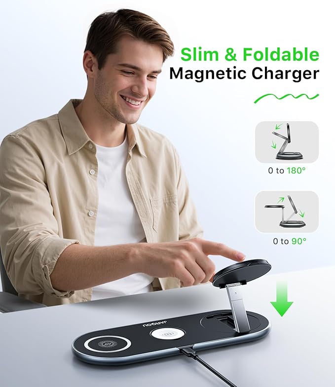 JARGOU Foldable 3 in 1 Wireless Charging Station for Apple with Magsafe Charger Stand, Fast Magnetic Wireless Charger for iPhone 17 Air 16 15 14 13 12, for iWatch, for AirPods (Light Black)