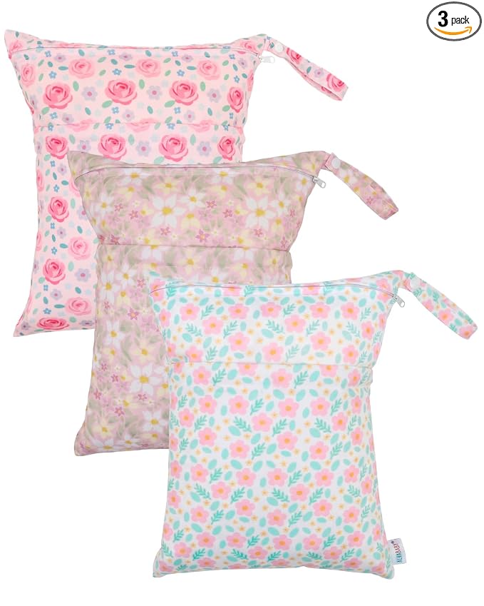 ALVA ALVABABY 3pcs Medium Cloth Diaper Wet Dry Bags Waterproof Reusable with Two Zippered Pockets Travel Beach Pool Daycare Soiled Baby Items Yoga Gym Bag for Swimsuits or Wet Clothes 3L-ZM40