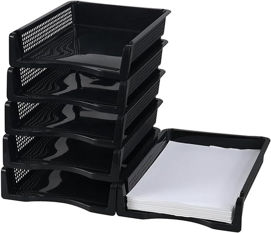 6 Pack Stackable Letter Trays, Plastic File Organizer Tray, Desktop Document File Paper Organizer, Black