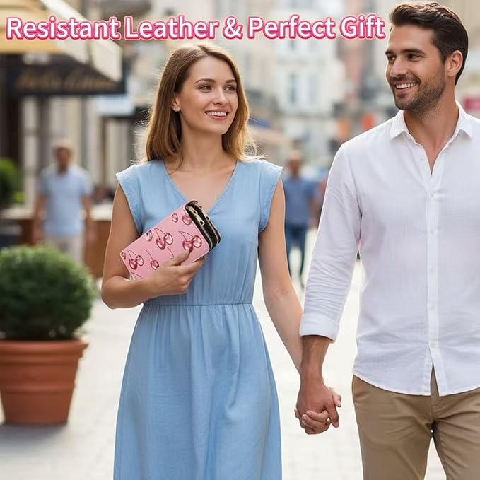 Women Cherry Print Long Wallet, Dual Zipper Large Capacity PU Leather Card Holder Clutch Purse for Daily & Travel