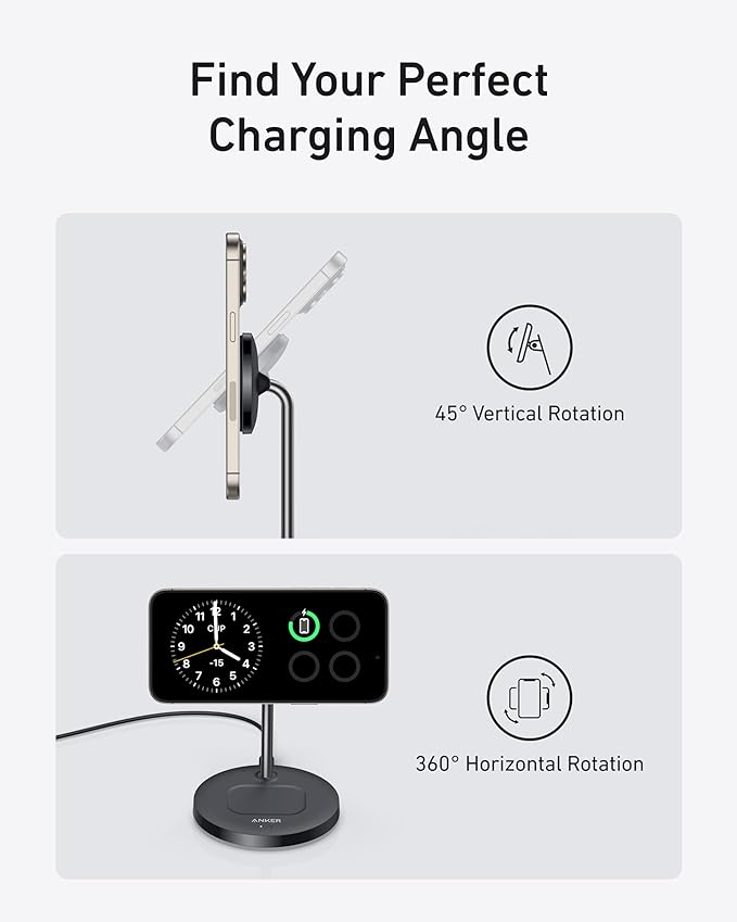 Anker MagSafe Compatible MagGo Charger Stand, iPhone 17 Wireless Charger, 2-in-1 Charging Station, Qi2 Certified 15W Fast Charging, for iPhone 17/16/15/14/13/12, AirPods Pro (40W Adapter Included)